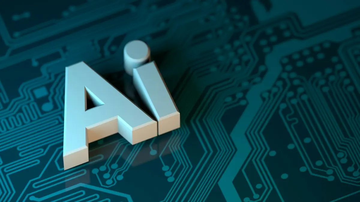 3D letters AI standing on a green circuit board