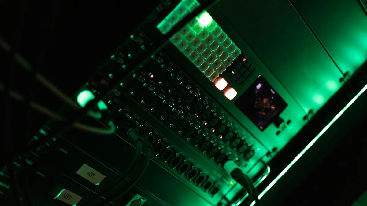 Close-up of servers in a dark data center
