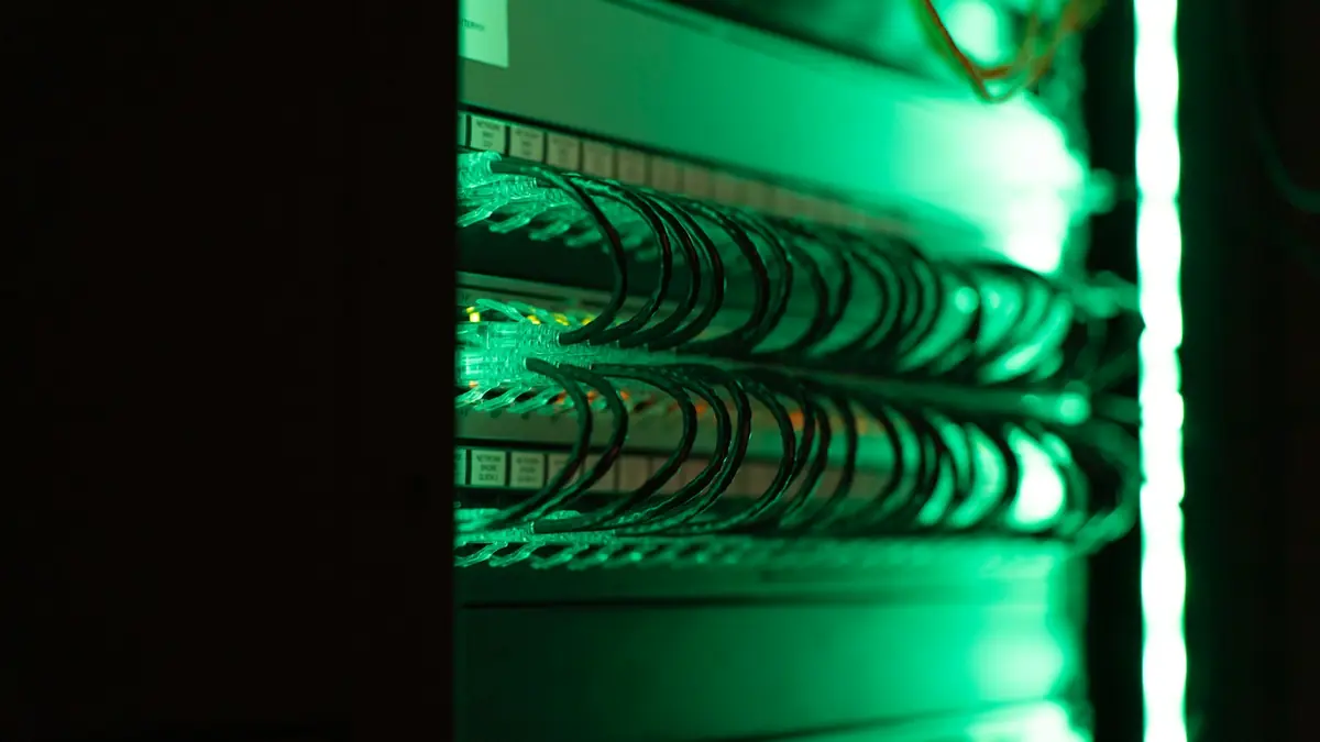 Close-up of a server rack with network cabling in a data center