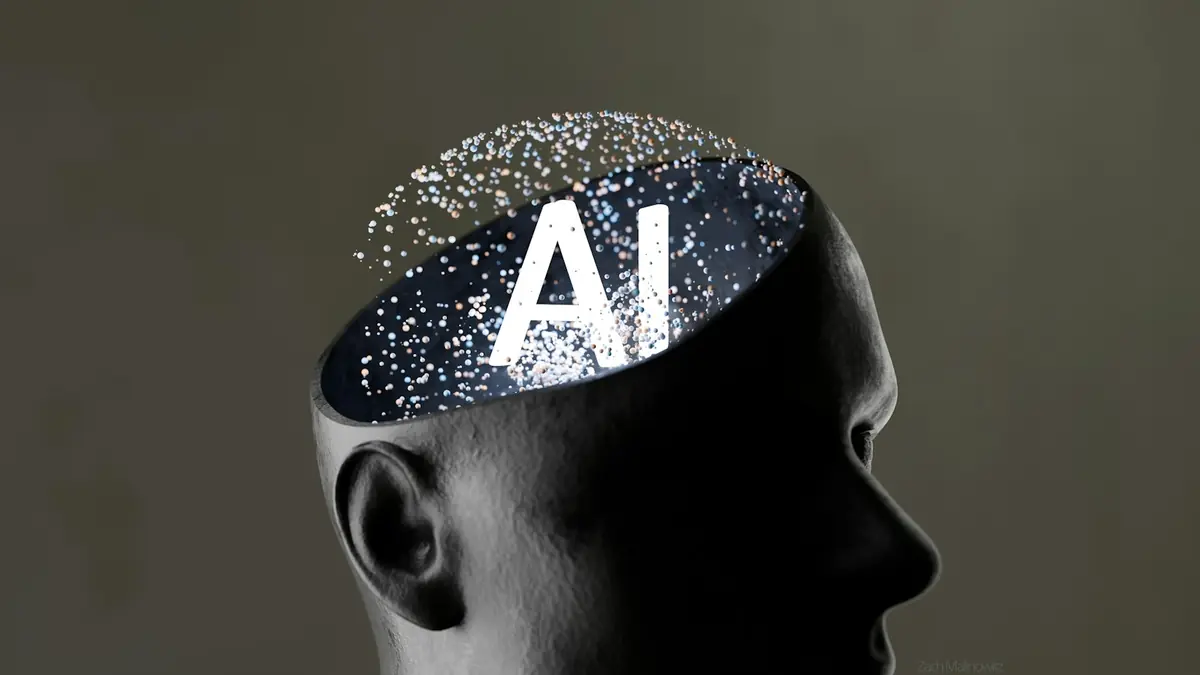 Artistic illustration of a human head with the letters AI inside