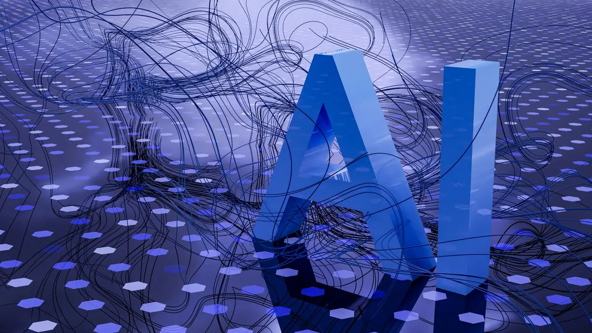 3D rendered letters AI on a dark digital background