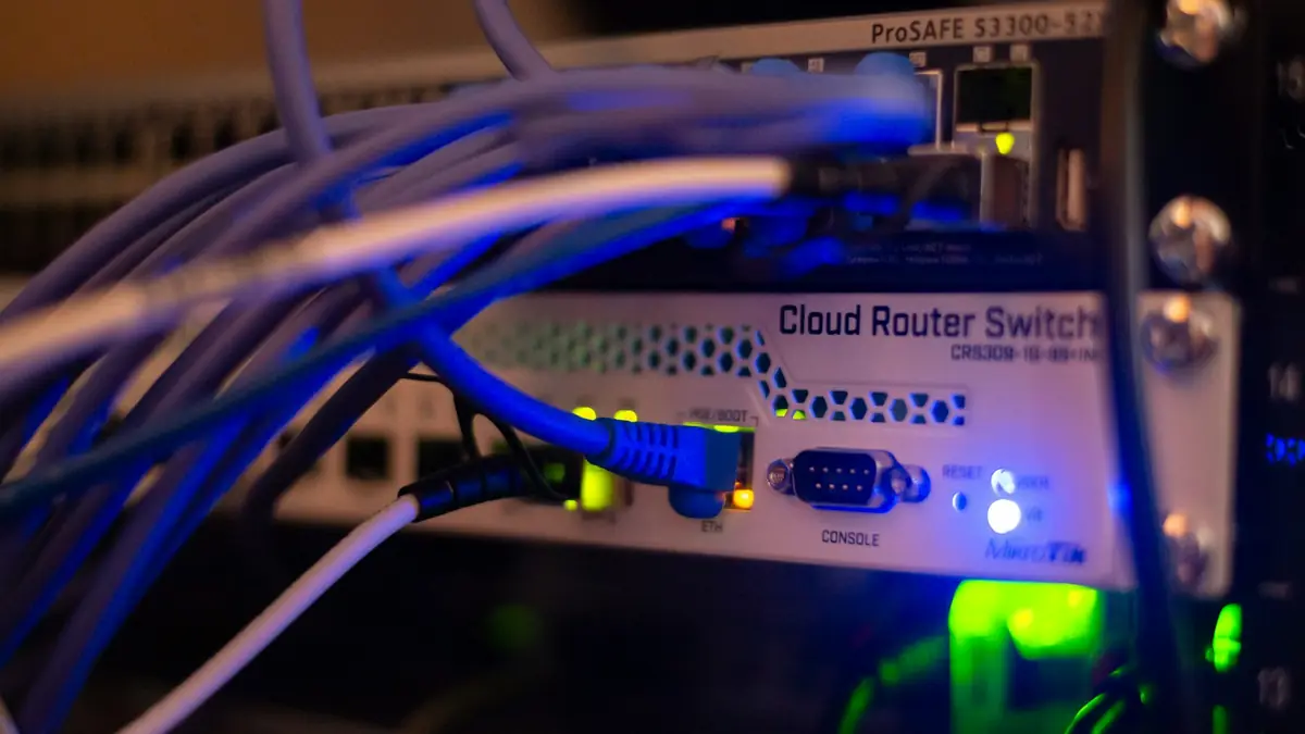 Network cables plugged into a router in a server rack