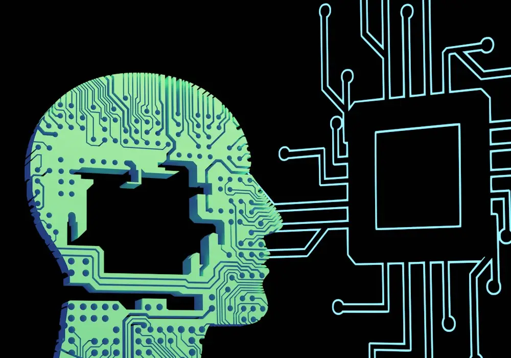 Circuit-board head beside a processor, representing AI