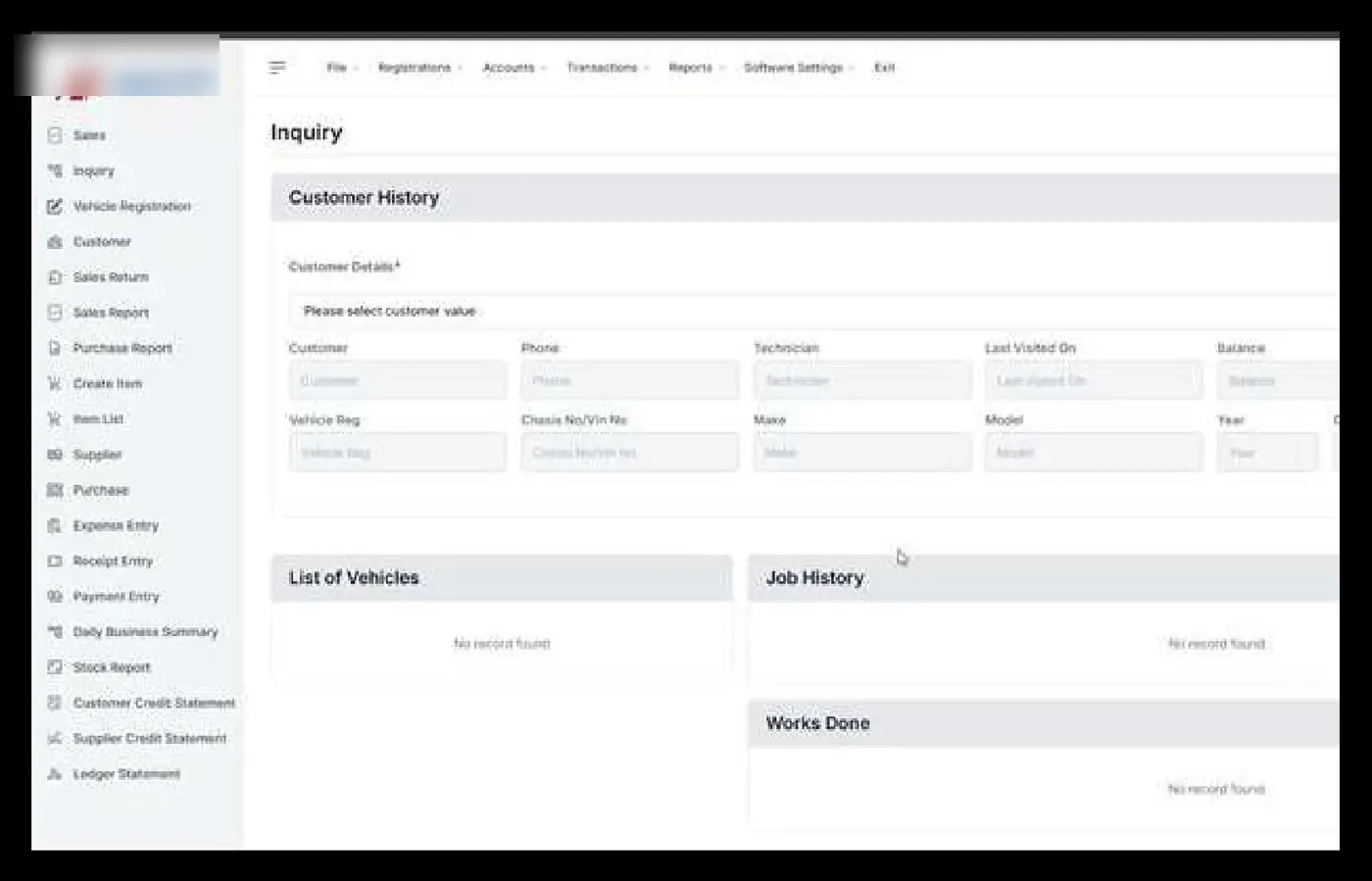 Automotive service screen with customer history, vehicles, job history and works done