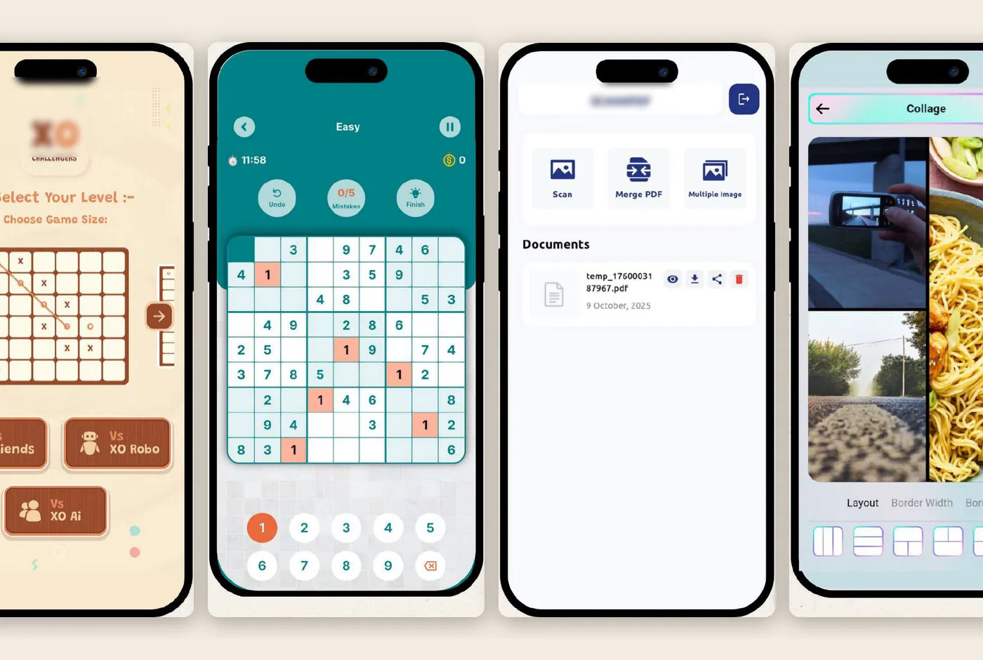 Four mobile app screens: a tic-tac-toe level selector, a Sudoku board, a PDF scanner and a photo collage editor