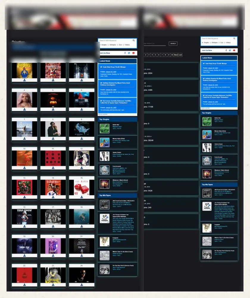 Music platform pages listing mixtapes and top releases
