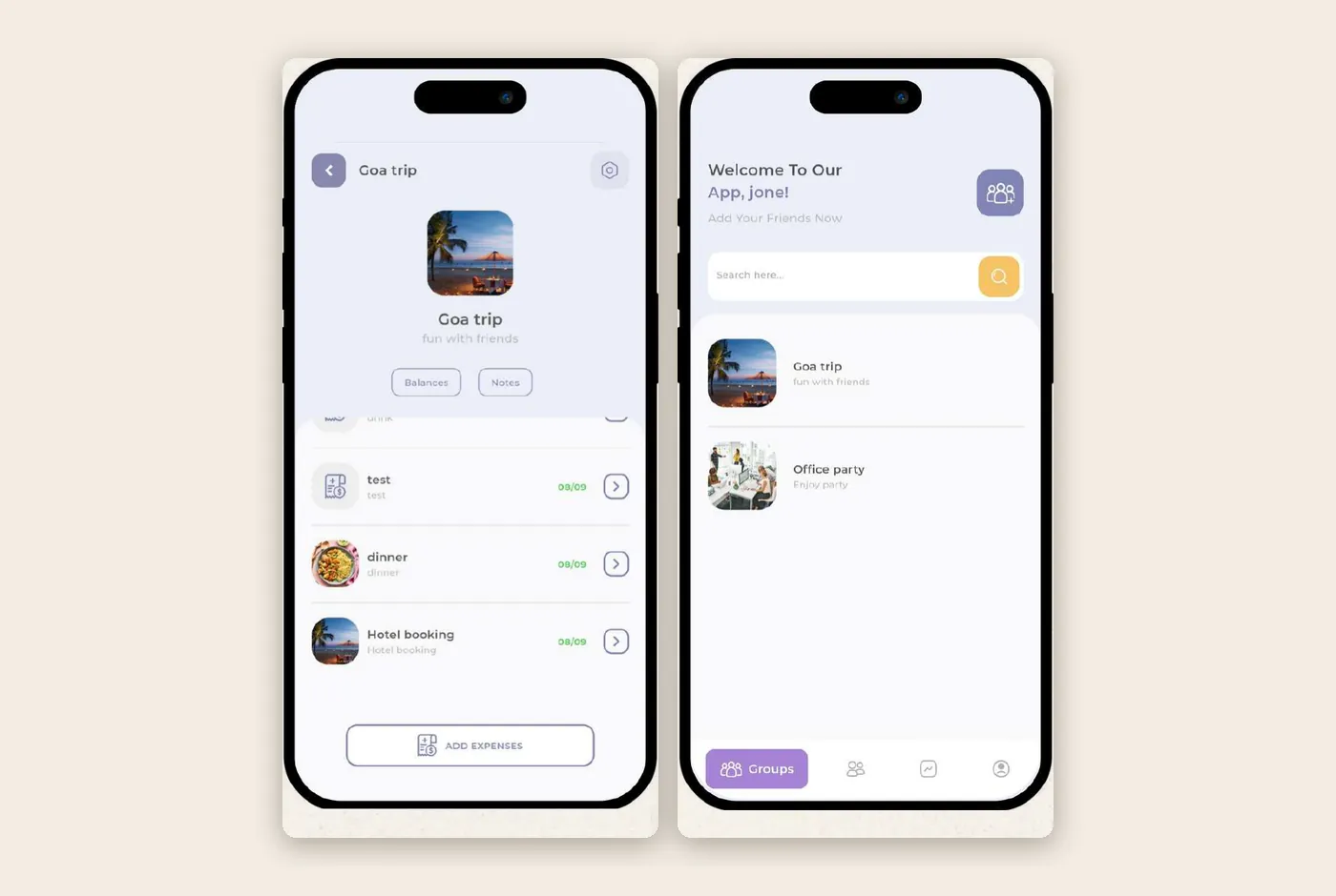 Expense sharing app screens showing a trip group with expenses and the list of groups