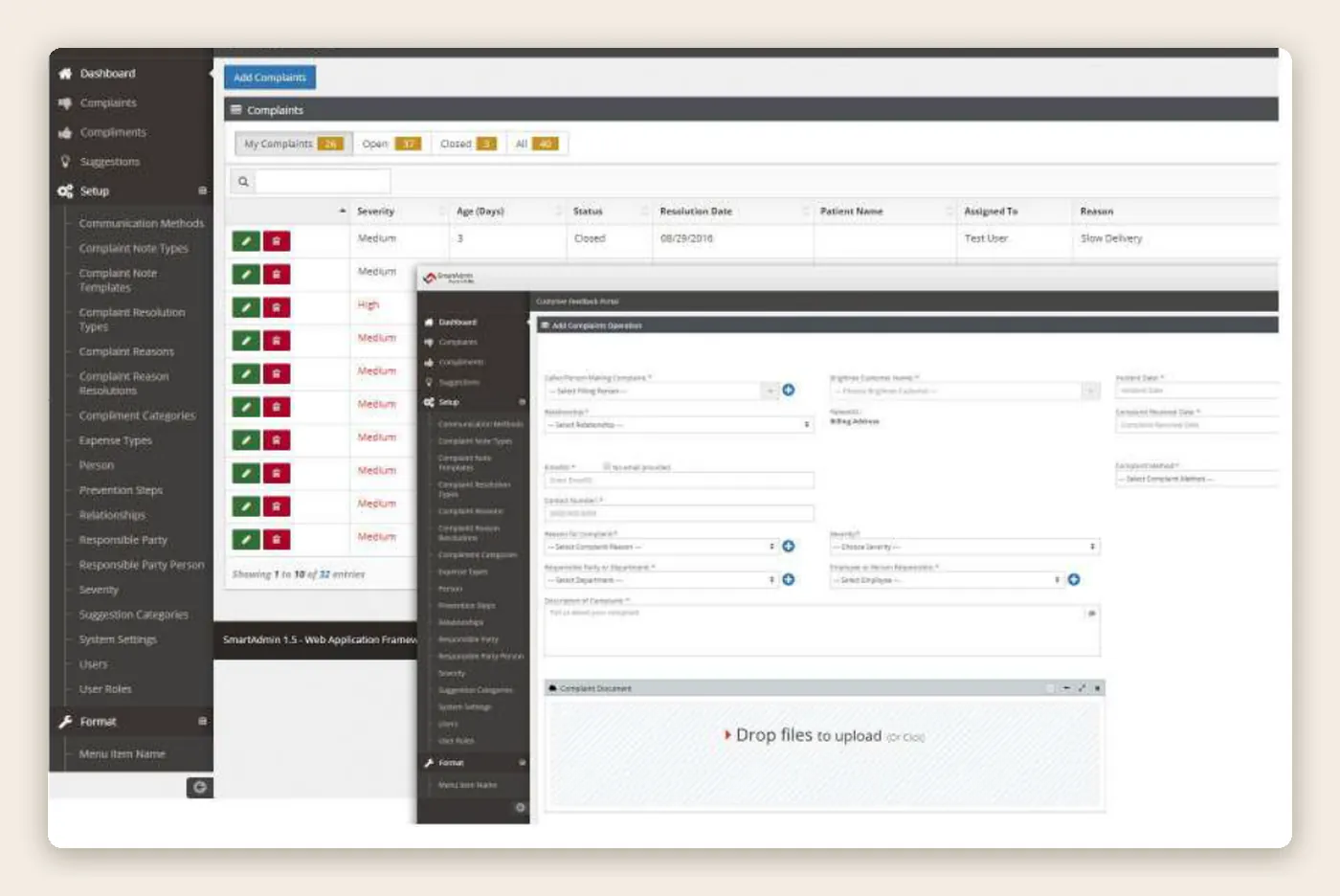 Feedback portal with a complaints list and complaint entry form