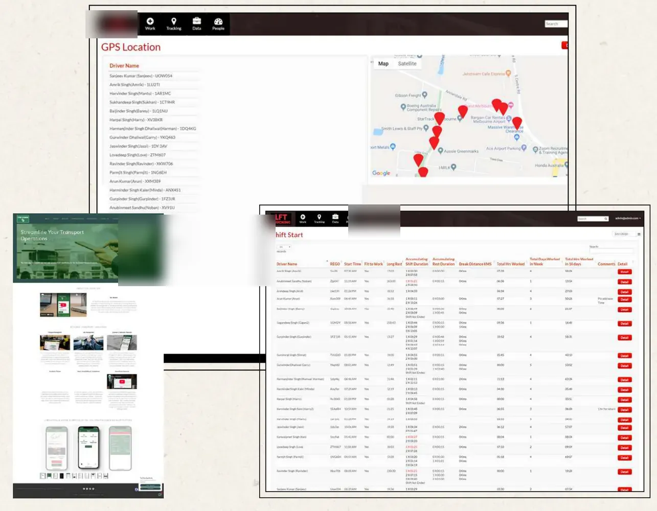 Transport app screens: GPS driver locations on a map, driver shift log and the mobile app