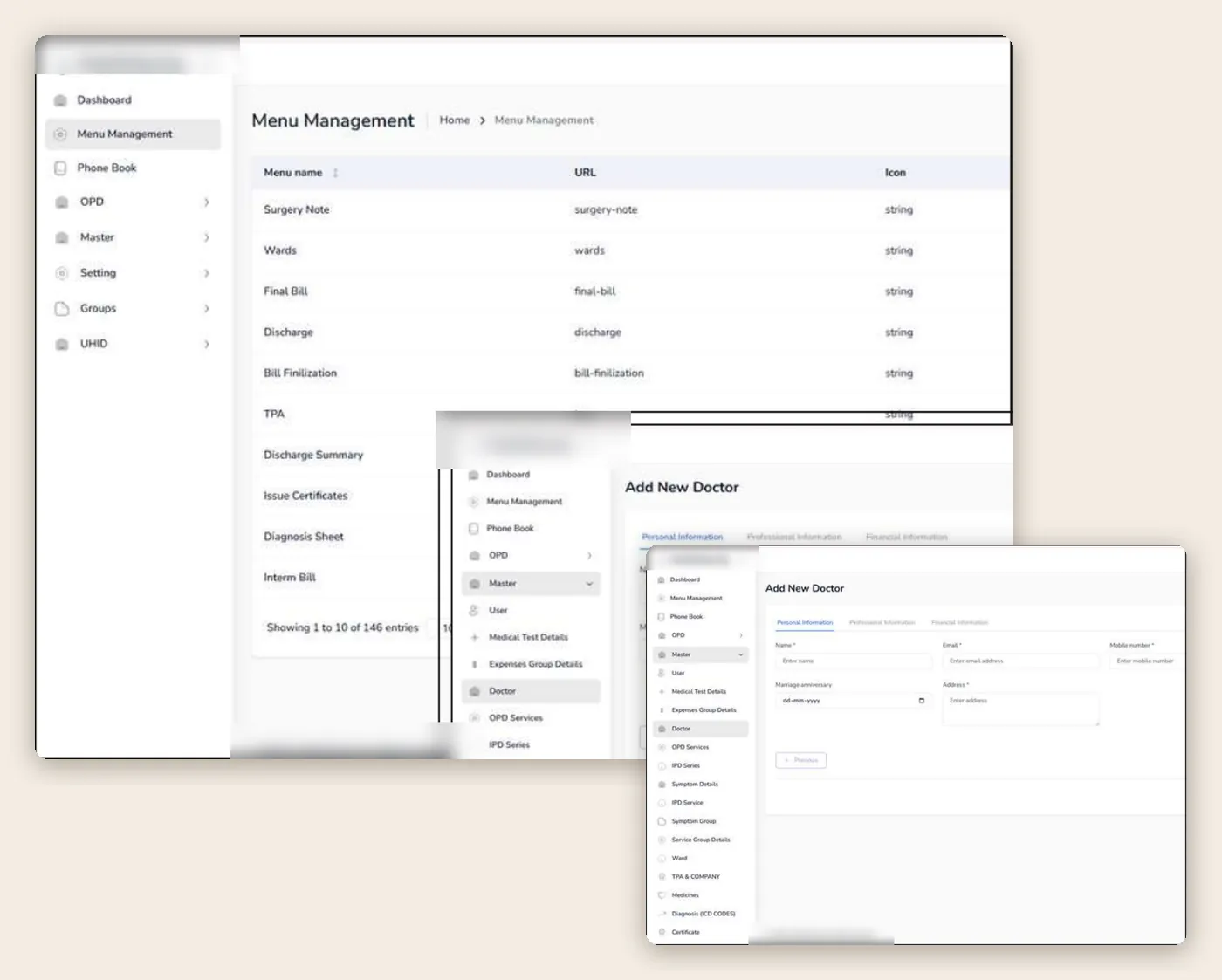 Hospital management screens: menu management and the add-new-doctor form
