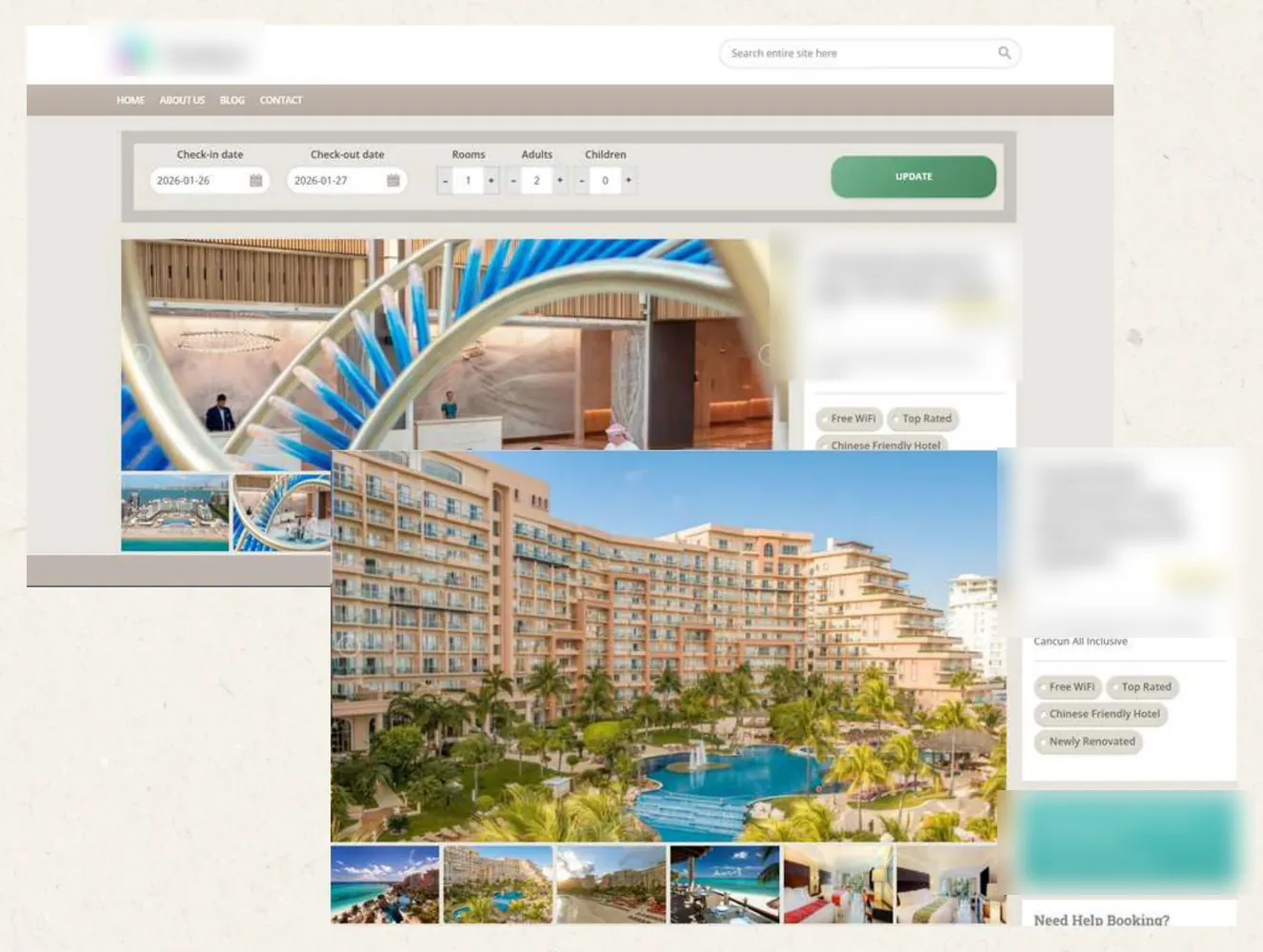 Hotel website pages with synced room galleries, facilities and booking search