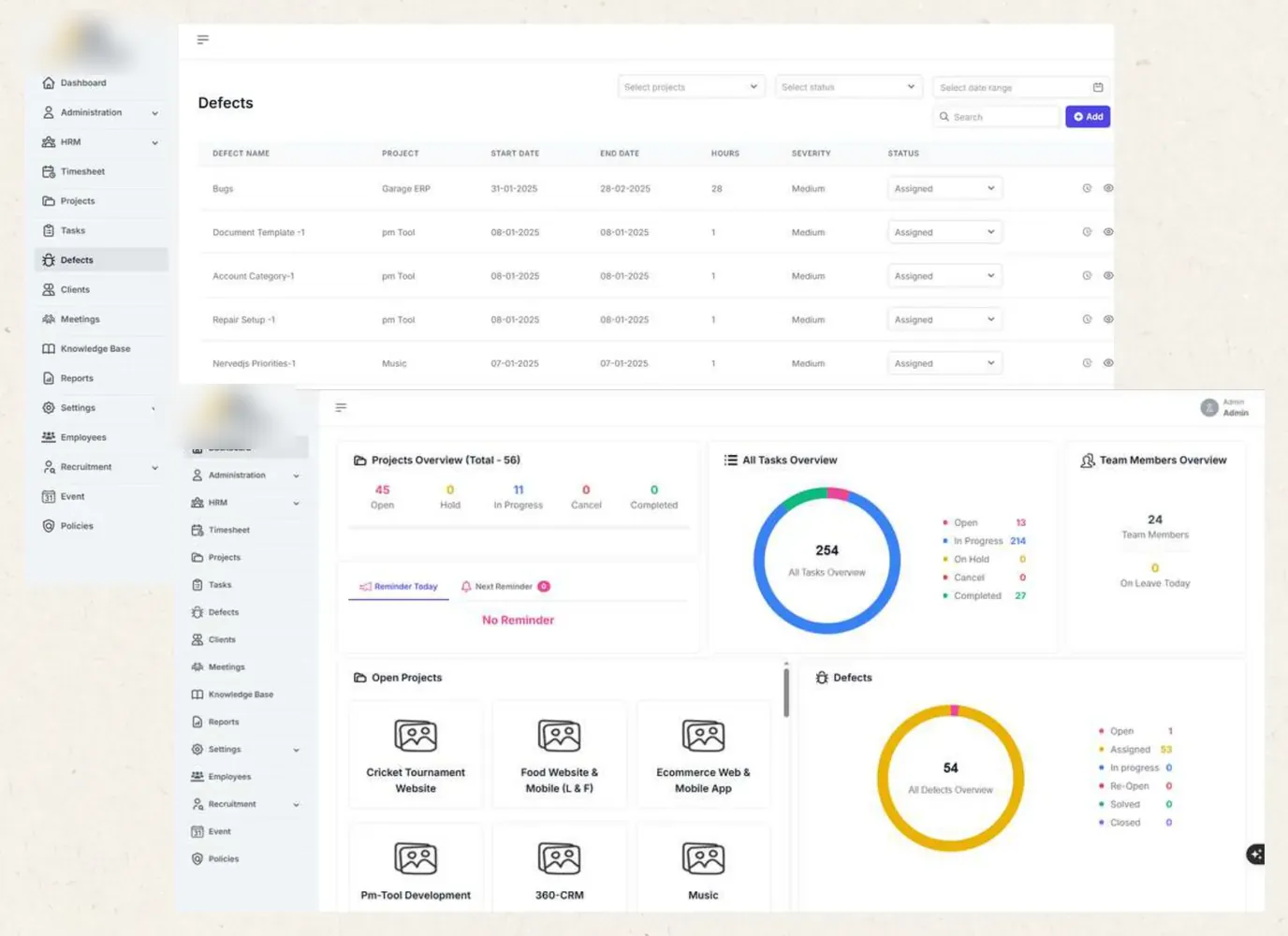 HR and project management dashboards with defects list, task overview and open projects