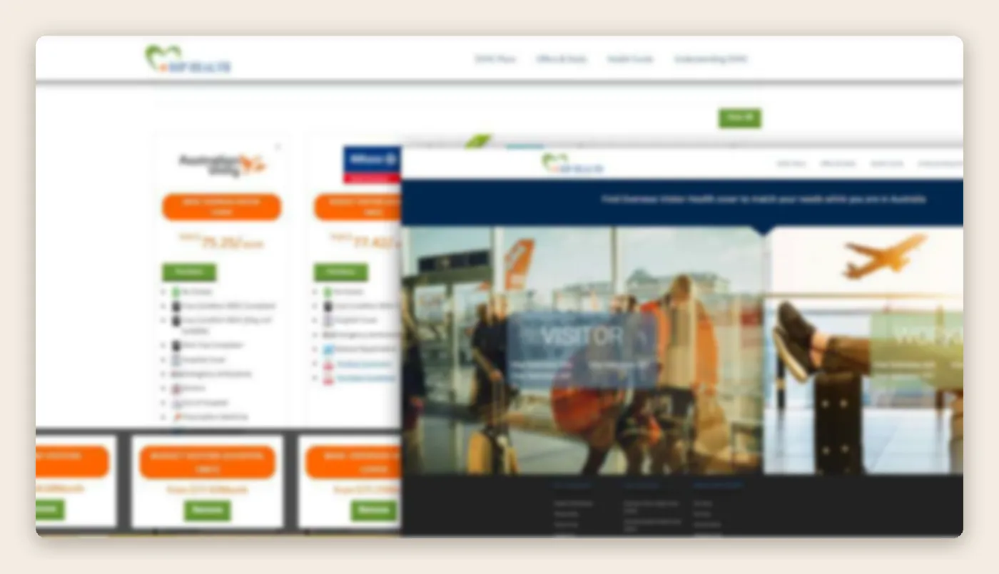 Blurred preview of a health insurance comparison website with policy cards