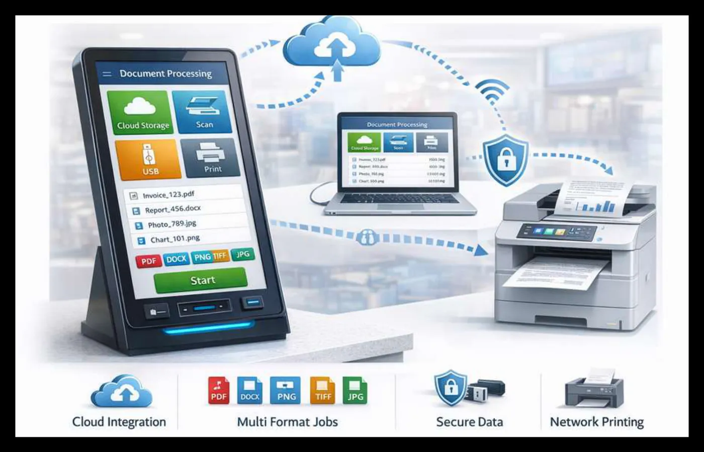 Kiosk document processing concept: touch kiosk, cloud storage, multi-format output and network printing