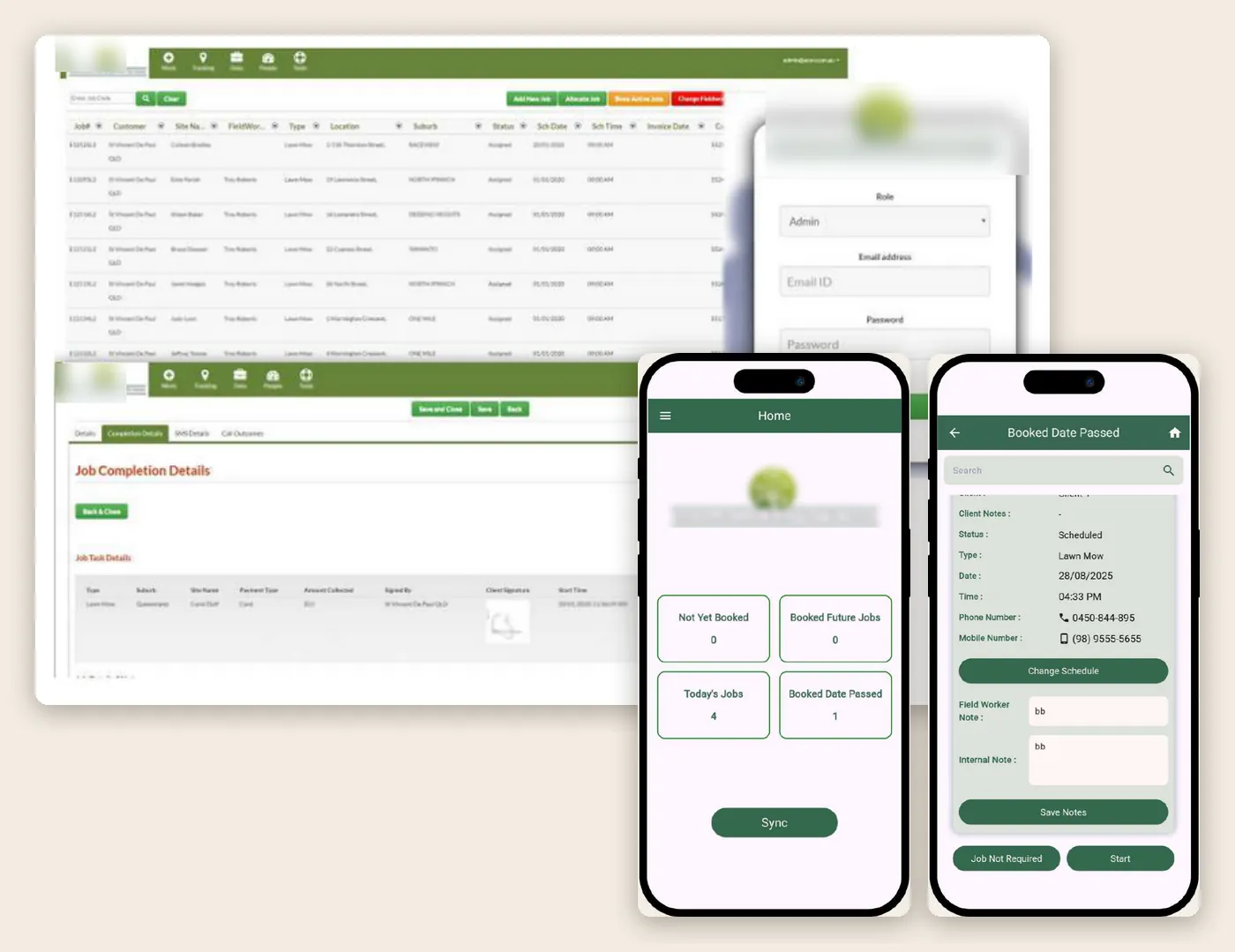 Job management web portal with job completion details, and the field worker mobile app showing job categories