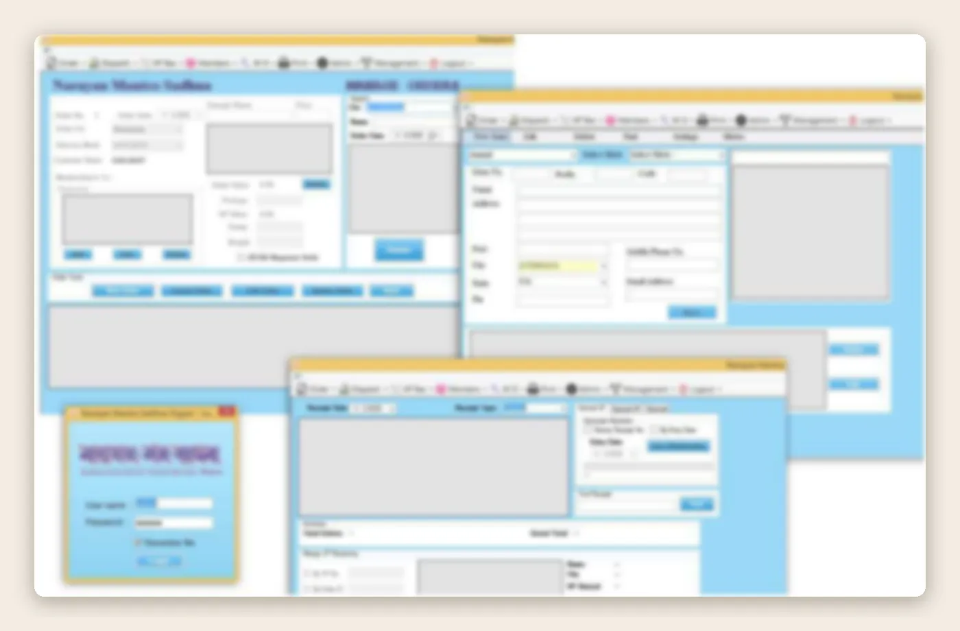 Blurred preview of a Windows desktop application with order and membership forms