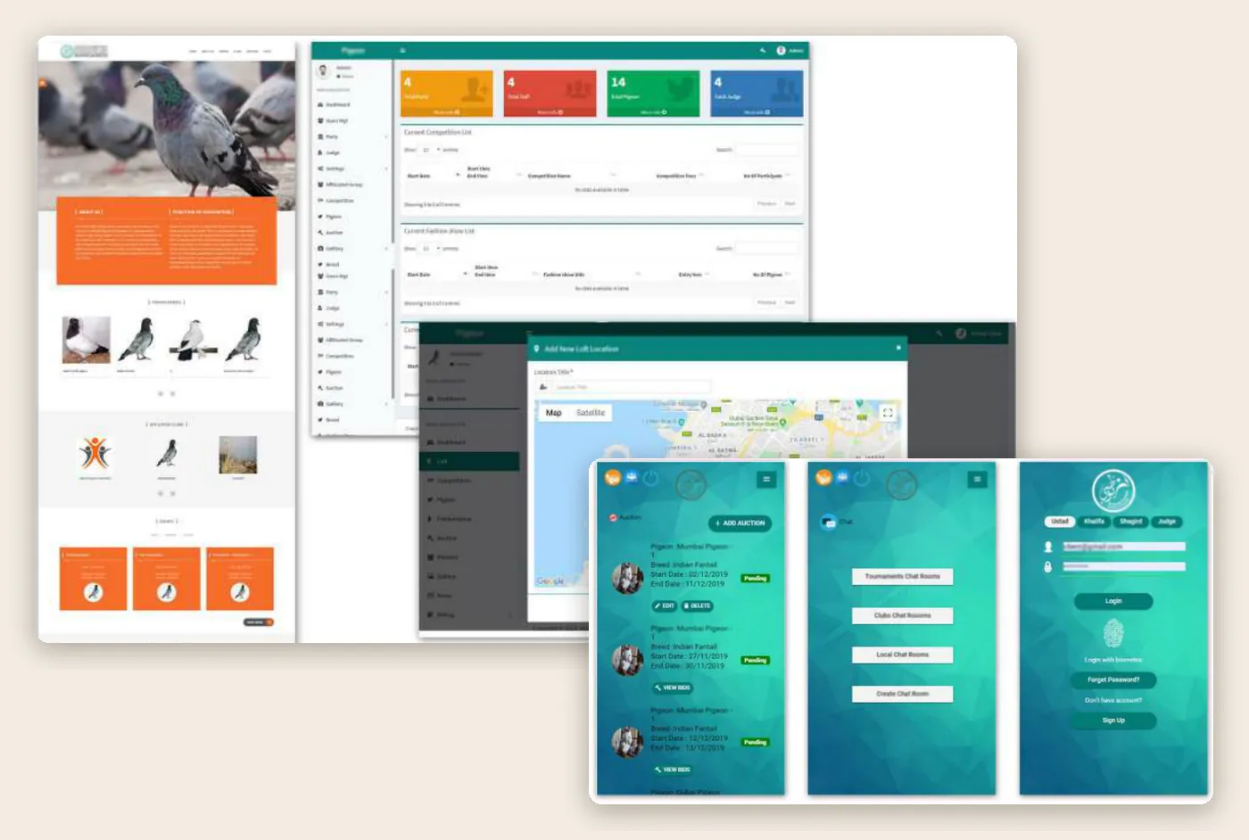 Club platform website, admin dashboard with a location map, and the mobile app screens