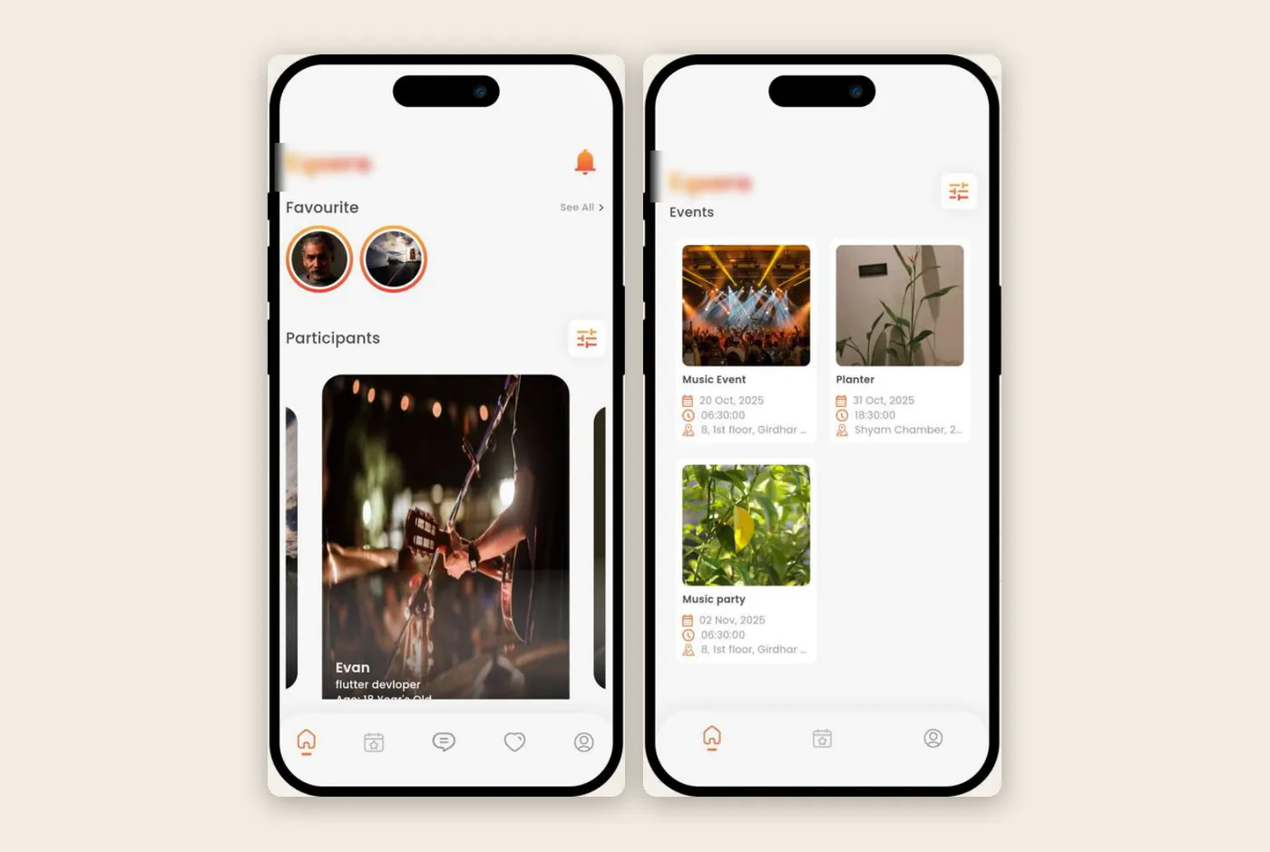 Social app screens showing favorite profiles, participants and upcoming events