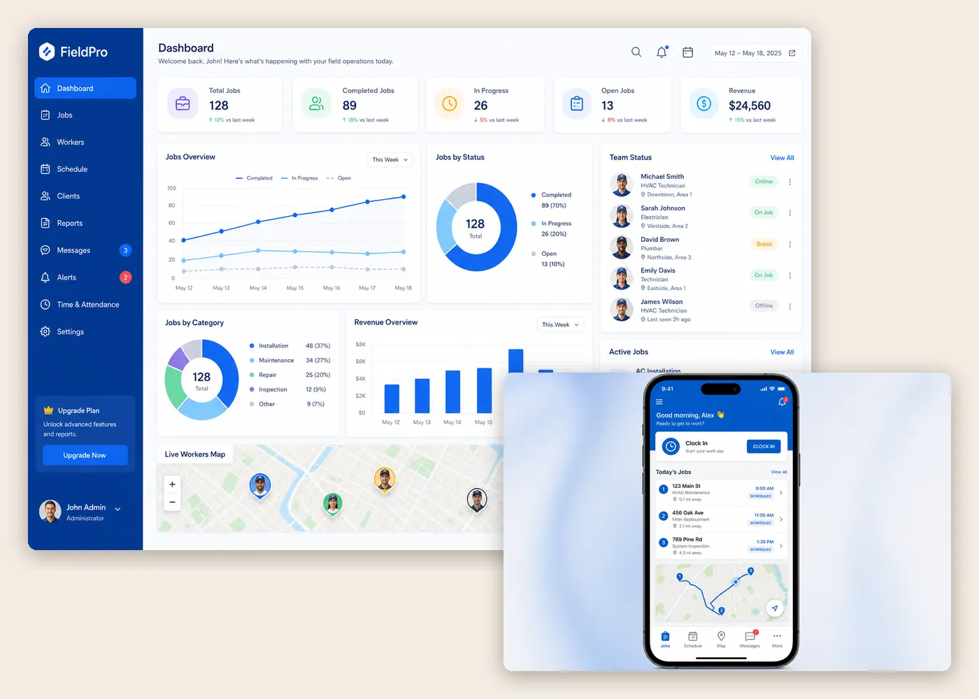 Field worker management dashboard with jobs overview and team status, and the field worker mobile app