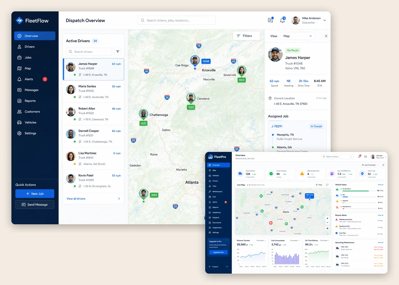 Truck management dispatch screen with active drivers on a live map, and the fleet overview dashboard