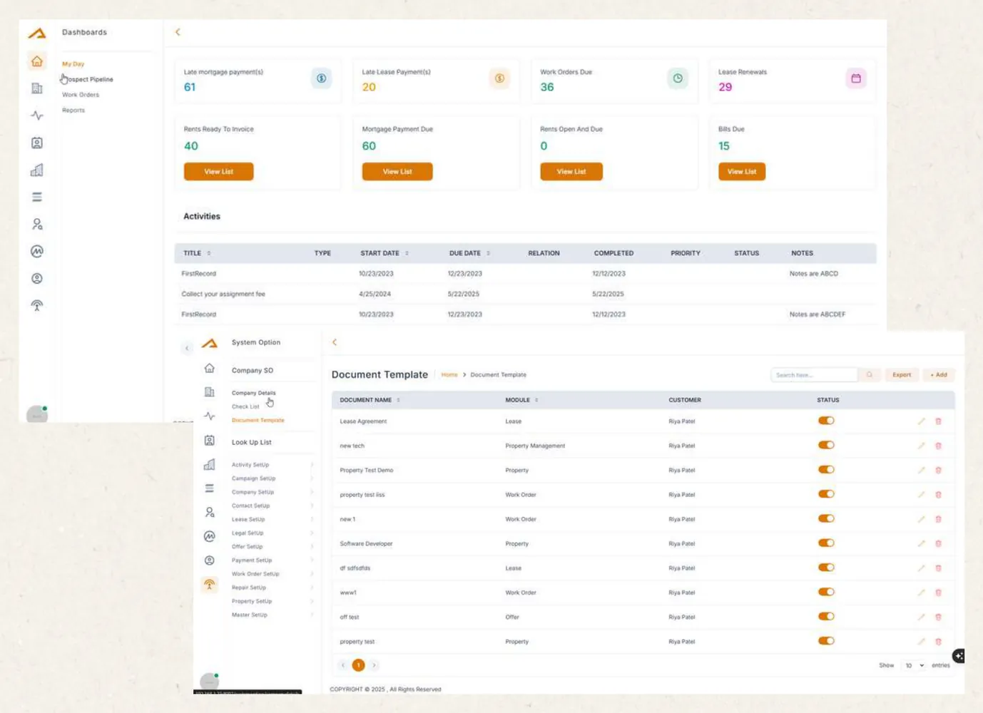 ViqsaProp dashboards showing payments due, work orders, activities and document templates