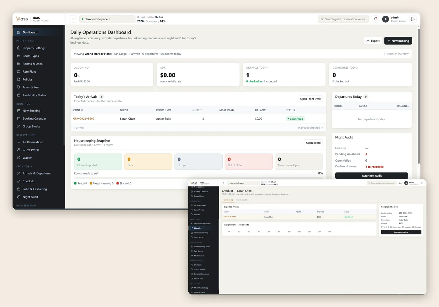 ViqsaSuite hotel operations dashboard with arrivals, housekeeping snapshot and night audit, and the guest check-in screen
